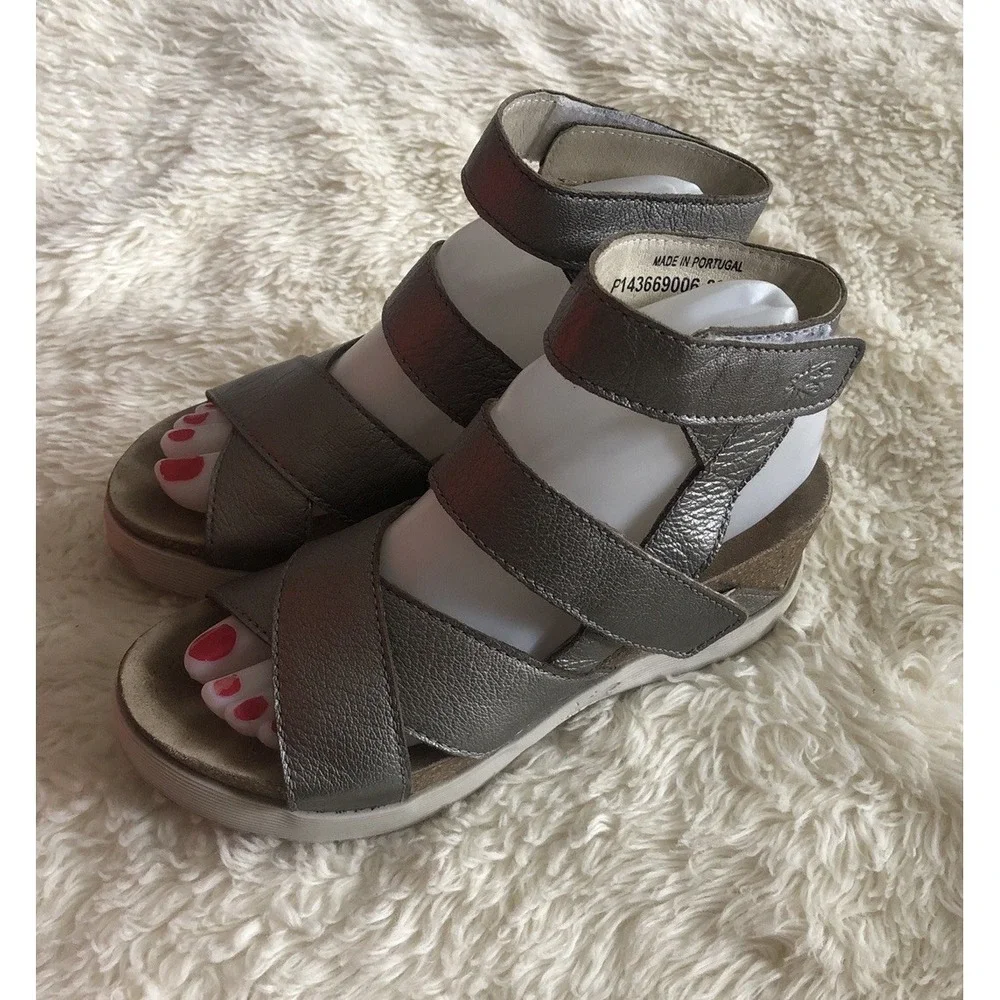 Fly London Wedge Sandals Silver Leather Ankle Strap Wege669fly  US 7-7.5 EUR 38